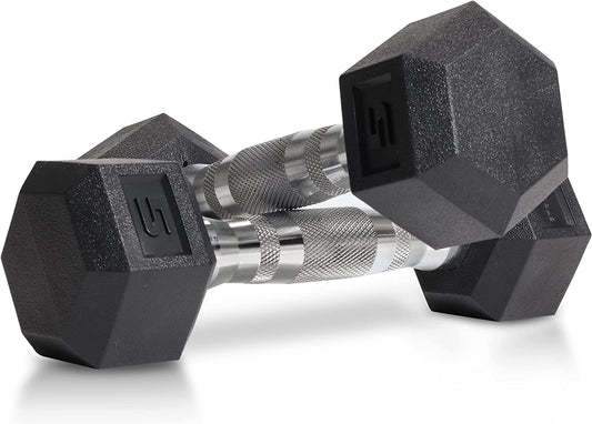 TRU GRIT Fitness Rubber HEX Free Hand Weights Dumbbell Pairs Sizes 5, 10, 15, 20 and 25 LBS (5 LB Pair, Pair)